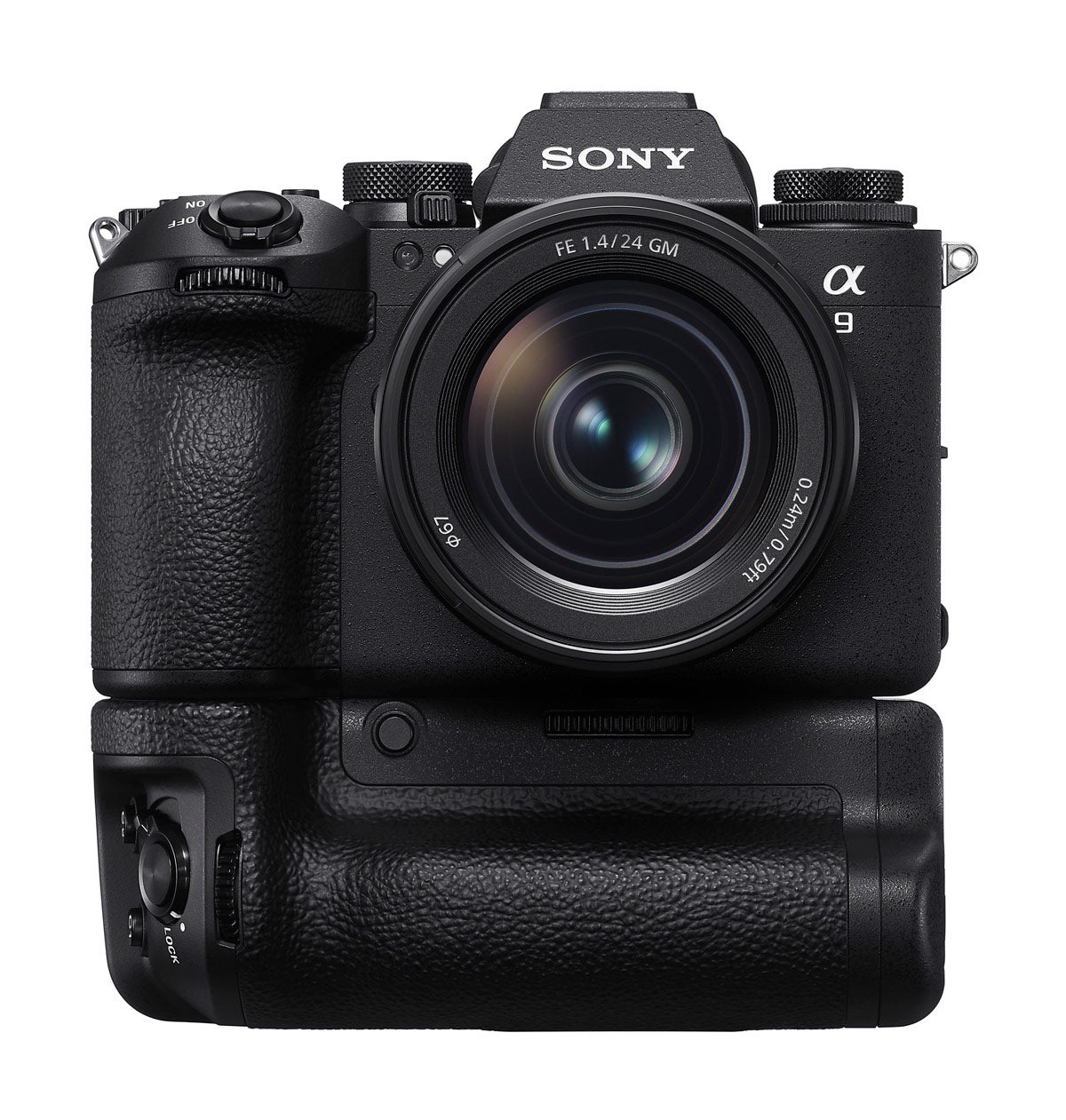 The Sony a9 III with a vertical grip sits against a white background. 